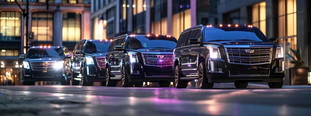 a line-up of sleek suv limos, including a rugged hummer, a luxurious cadillac escalade, and a sophisticated lincoln navigator, exuding elegance and style.