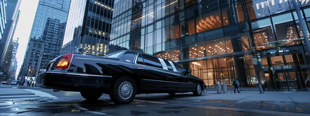 a luxurious black limousine parked in front of a modern skyscraper in new york city, showcasing elegance and sophistication.