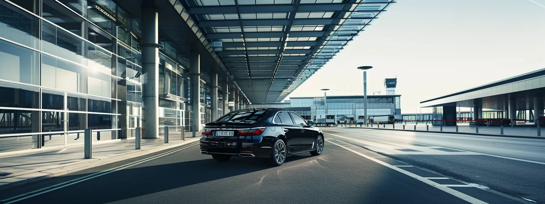 a sleek and luxurious black car waiting outside a modern airport terminal, ready to whisk away corporate passengers in style and comfort.