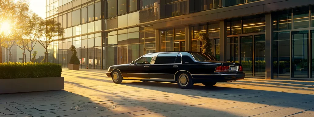 a sleek, black corporate limousine parked in front of a modern office building, embodying luxury and professionalism.