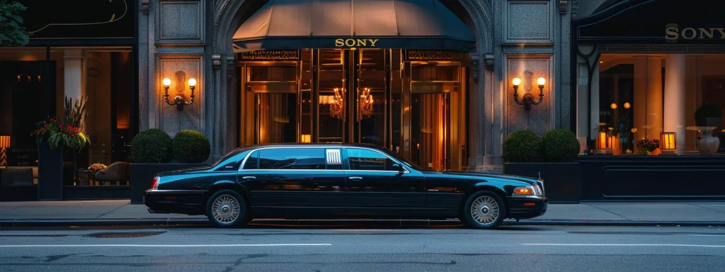 a sleek, black limousine parked outside a luxury hotel, ready for airport transfers in new york city.