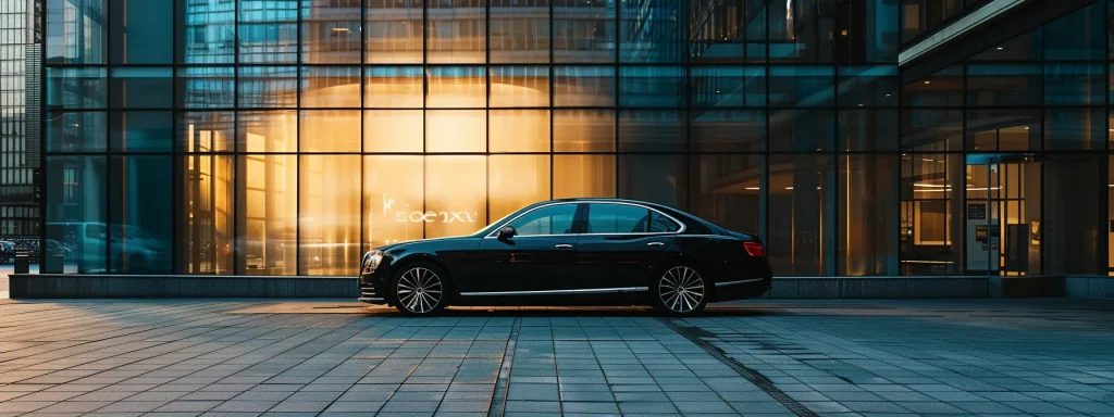 a sleek black luxury car waiting outside a corporate office building, symbolizing the efficiency and reliability of professional airport transfers for business executives.