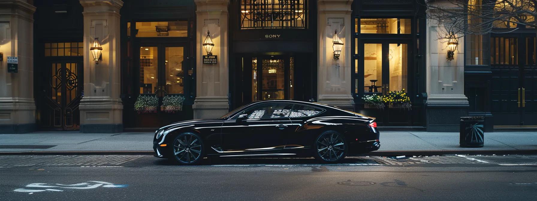 a sleek black luxury car parked in front of a prestigious new york city landmark.