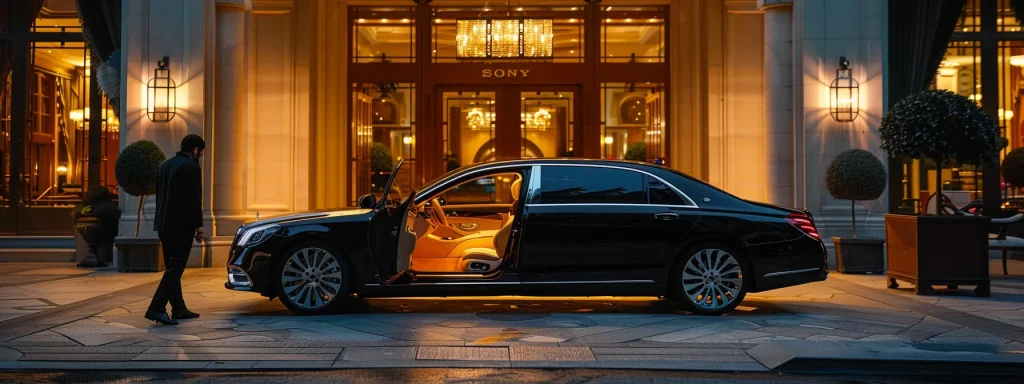 a sleek, black luxury car waiting outside a grand event venue, with a professional chauffeur standing beside the open door ready to assist guests.