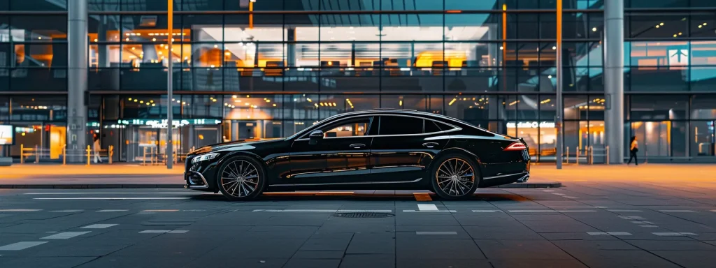 a sleek, black luxury car waiting outside a modern airport terminal, ready to provide safe and efficient corporate airport transfer services in nyc.