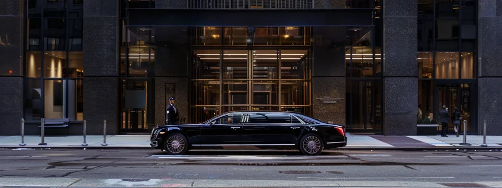 a sleek black luxury limousine parked outside a corporate office building in nyc, with a chauffeur in a crisp uniform standing by the open door ready to assist executives with their airport transfer service.