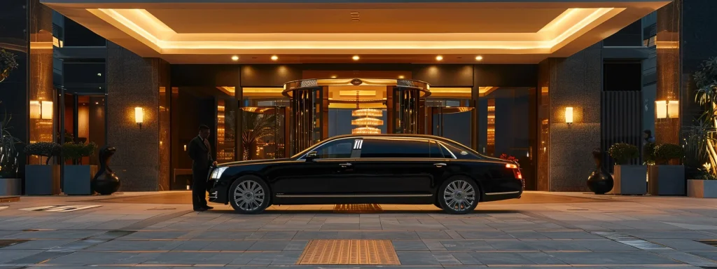 a sleek, black luxury limousine parked in front of a high-end hotel entrance, with a chauffeur waiting by the open door, ready to provide a premium service experience.