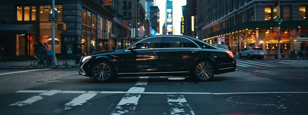 a sleek, black luxury sedan with a professional chauffeur driving through the bustling streets of new york city, ensuring punctual and reliable airport transfers for corporate meetings.