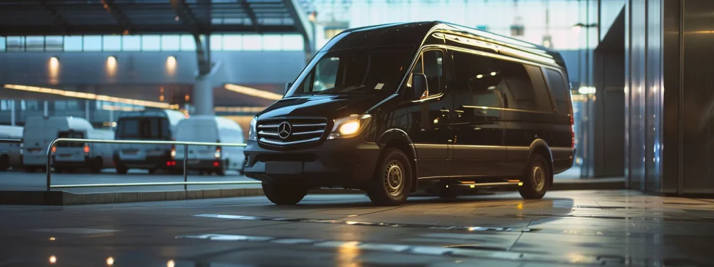 a sleek black luxury van waiting outside an airport terminal, ready to transport corporate executives with efficiency and style.