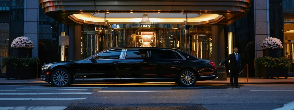 a sleek, black nyc limousine parked outside a luxury hotel, with a uniformed driver standing by the open door, ready to assist passengers.