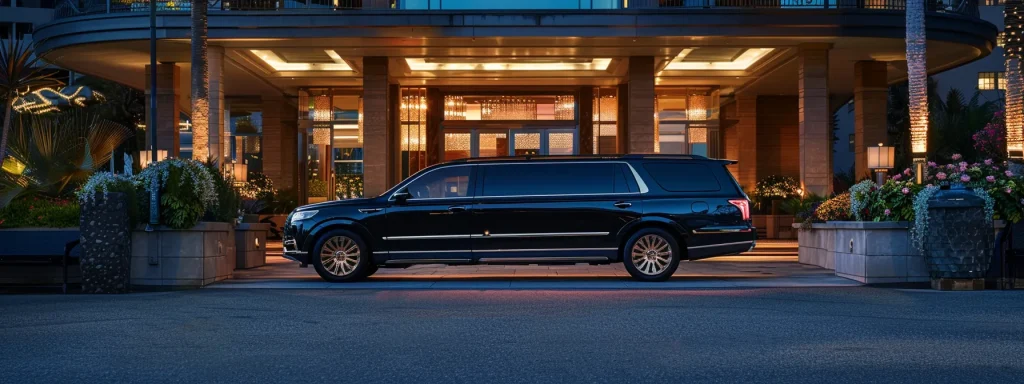 a sleek, black suv limo parked in front of a luxury event venue, ready to transport guests in style.