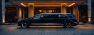 a sleek black suv limo parked outside a luxurious event venue, ready to provide the ultimate luxury experience.