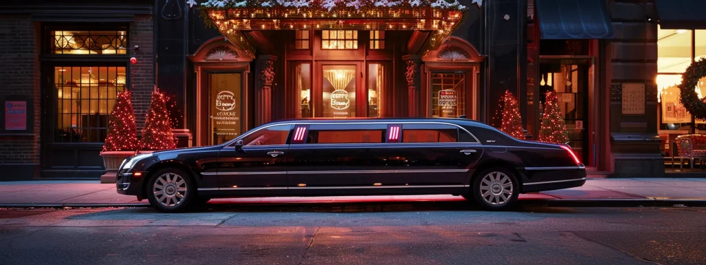 a sleek limousine parked in front of a glamorous nyc venue, ready to transport guests in luxurious style.