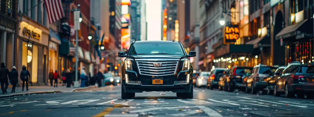 a sleek, luxurious cadillac escalade awaits a corporate traveler in the bustling streets of new york city.