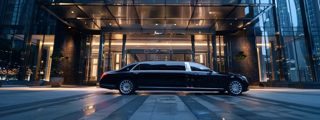 arriving in a sleek black limousine outside a modern skyscraper, showcasing luxury and professionalism in corporate travel.