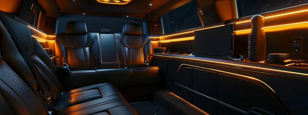 luxurious black suv limousine interior with plush seating, ambient lighting, and surround sound system creating a sophisticated travel experience.