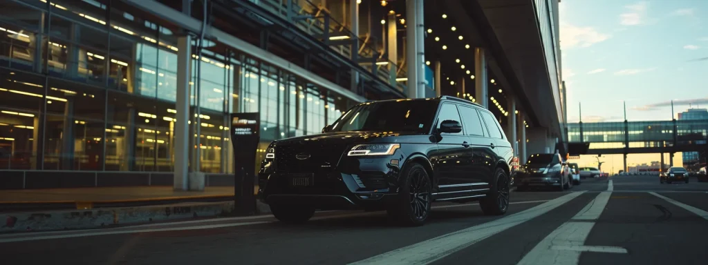 a luxurious black suv parked outside jfk airport, with a professional chauffeur holding a sign with the passenger's name for a seamless limo transfer from brooklyn ny.