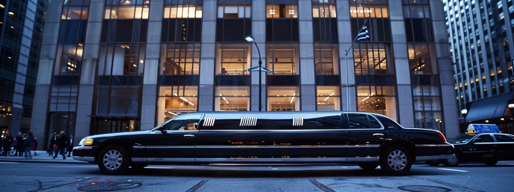 a luxurious stretch limousine parked in front of a sleek new york city skyscraper, ready to transport a group of elegantly dressed passengers on a customized journey through the bustling city streets.