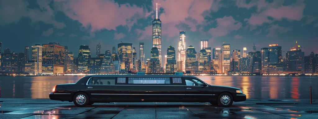 a sleek and luxurious stretch limousine parked in front of a city skyline, ready for a special occasion or stylish journey.