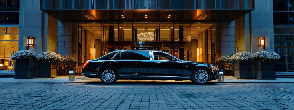 a sleek black limo parked in front of a luxurious downtown brooklyn hotel, ready to transport guests in style to nyc.