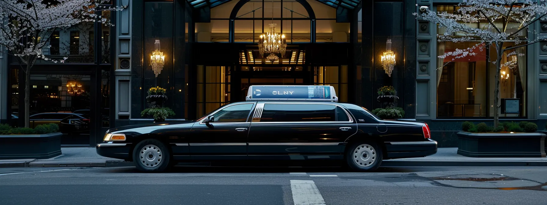 a sleek, black limousine parked in front of a luxury hotel in new york city.