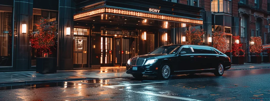 a sleek, black limousine parked outside a luxurious hotel in brooklyn, ny, exuding elegance and sophistication.