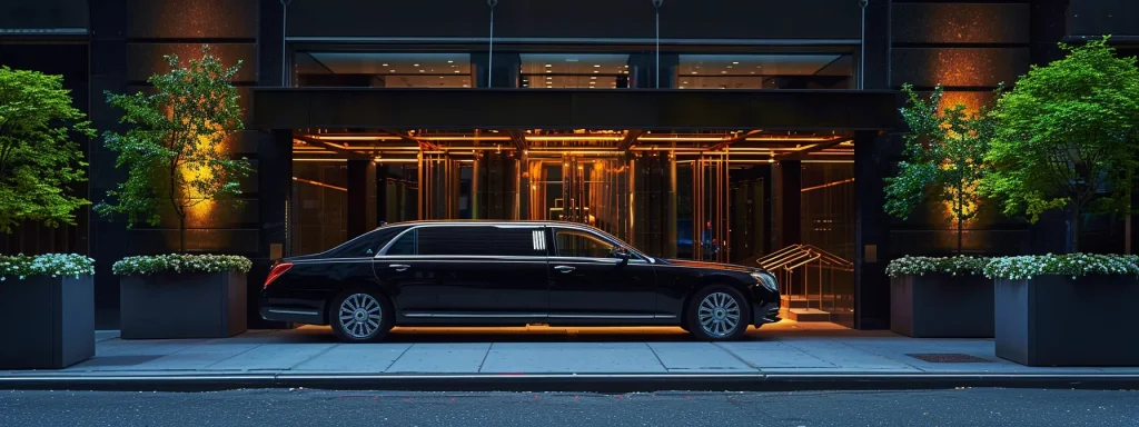 a sleek black limousine parked outside a luxury hotel in brooklyn, ny, waiting to chauffeur passengers to jfk or other nyc destinations.