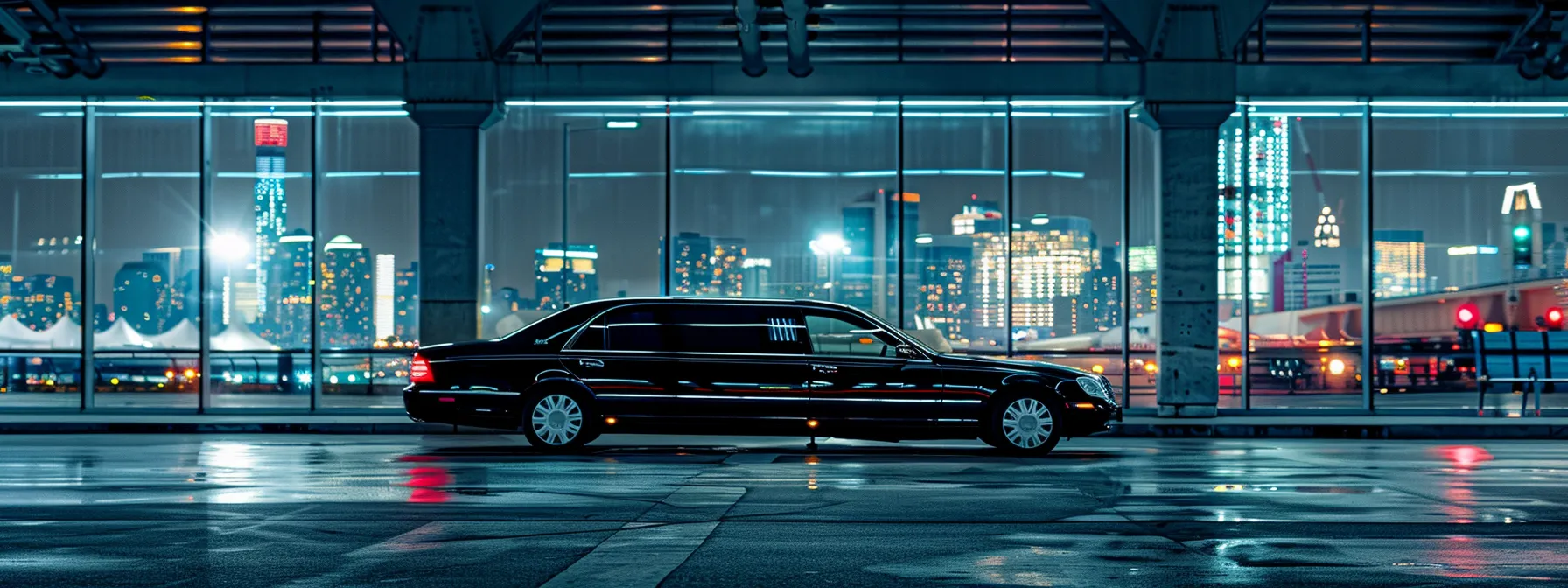 a sleek, black limousine waiting at jfk airport under the bright city lights, ready to whisk passengers away to nyc.