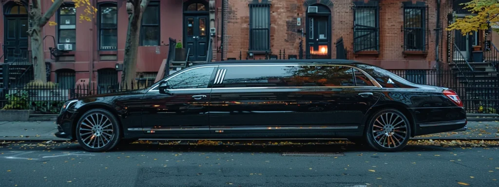 a sleek black limousine with tinted windows parked in a bustling brooklyn street, ready to transport clients to jfk airport with ease.