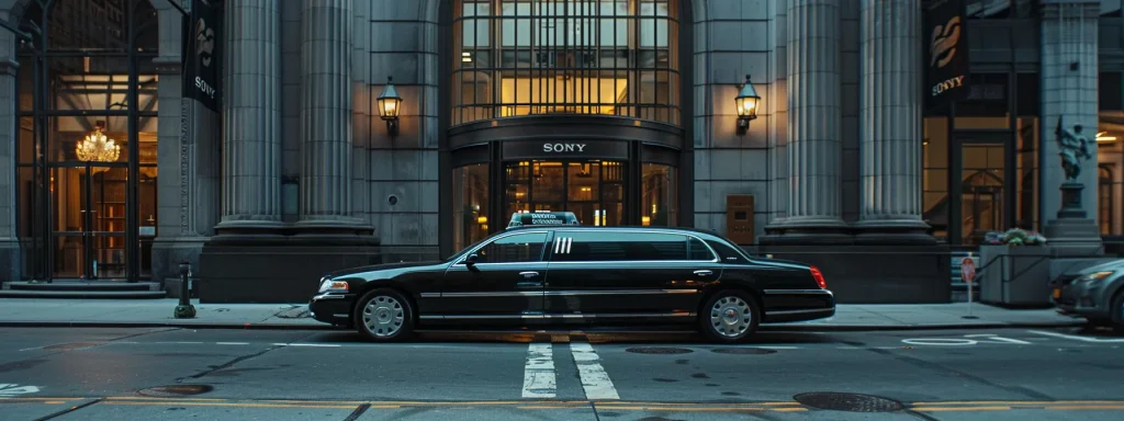 a sleek black limousine waiting outside a bustling new york city office building, symbolizing cost-effective and efficient corporate travel.