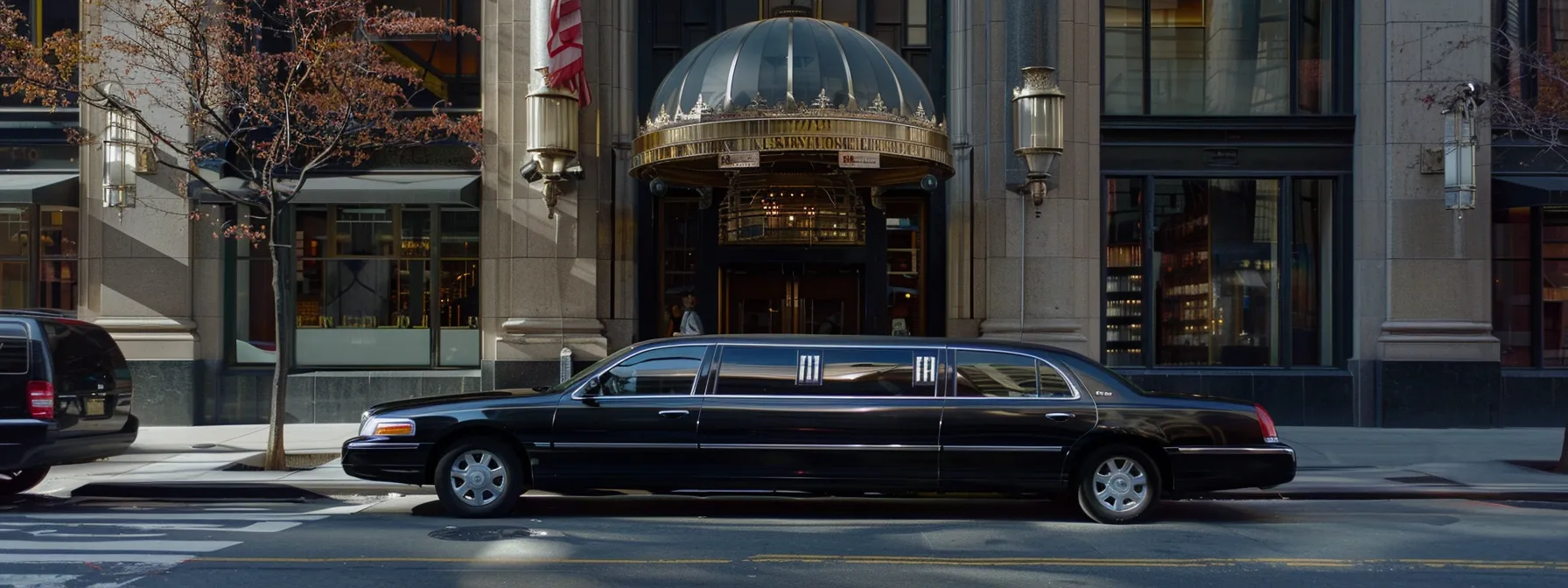 a sleek black limousine waiting outside a luxury hotel in nyc, ready to transport passengers to jfk, lga, and ewr airports.