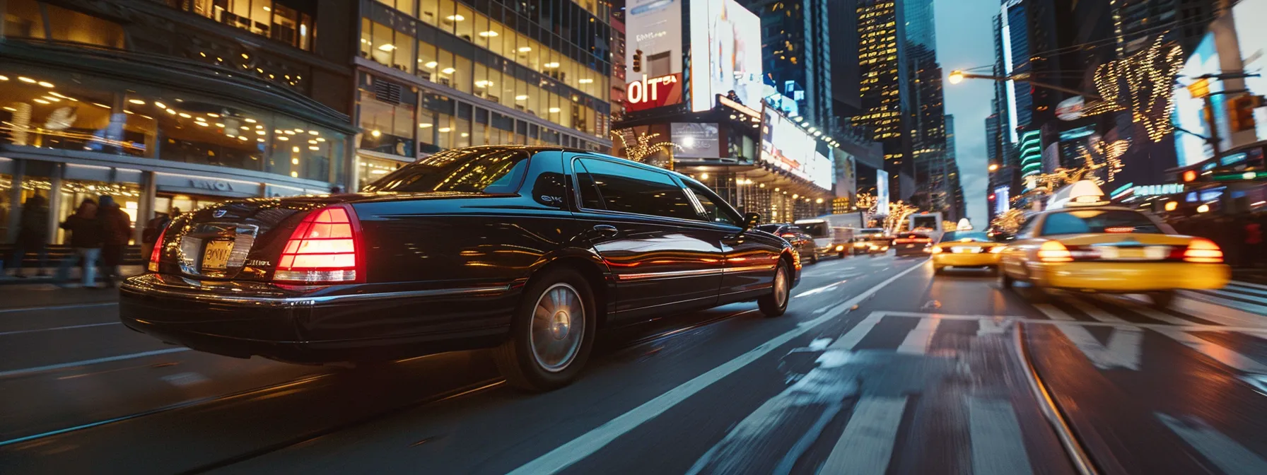 a sleek black limousine driving through the glittering streets of new york city, passing by iconic landmarks and skyscrapers.