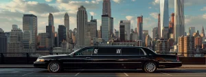 a sleek, black limousine parked in front of a bustling new york city skyline.