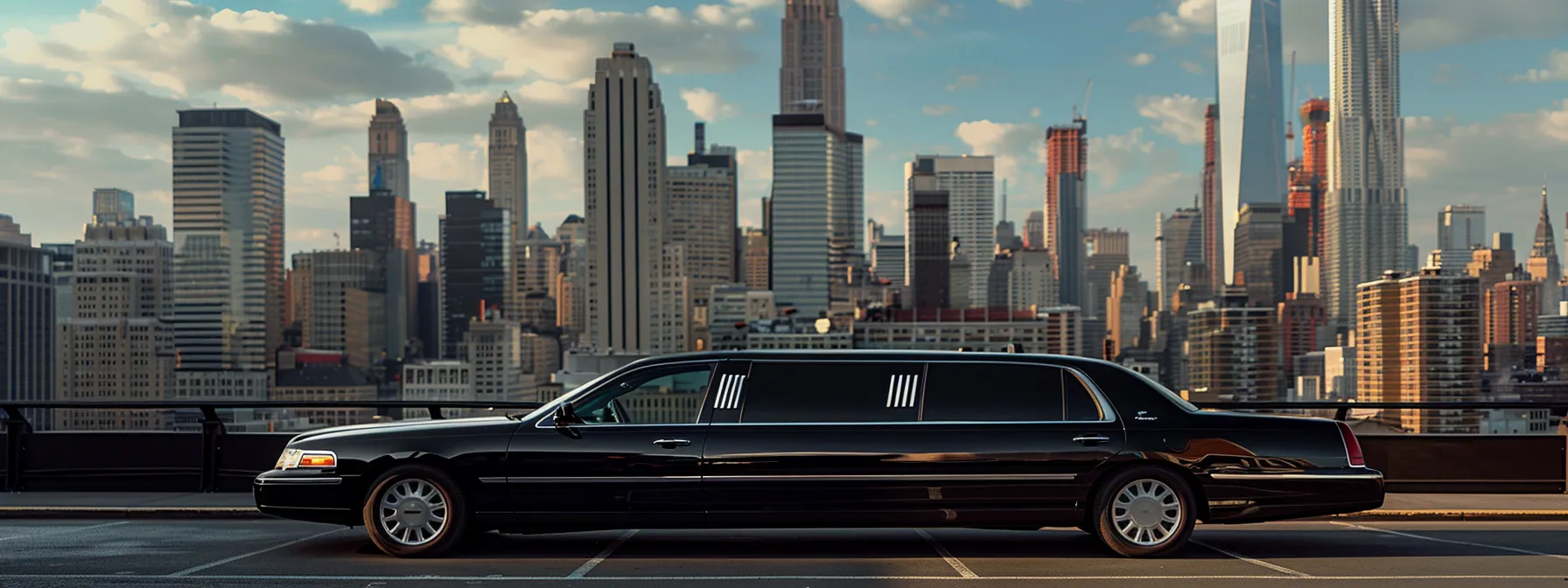 a sleek, black limousine parked in front of a bustling new york city skyline.