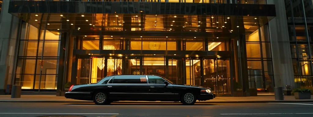 a sleek black limousine parked in front of a luxurious office building, ready to cater to corporate travel needs in nyc.