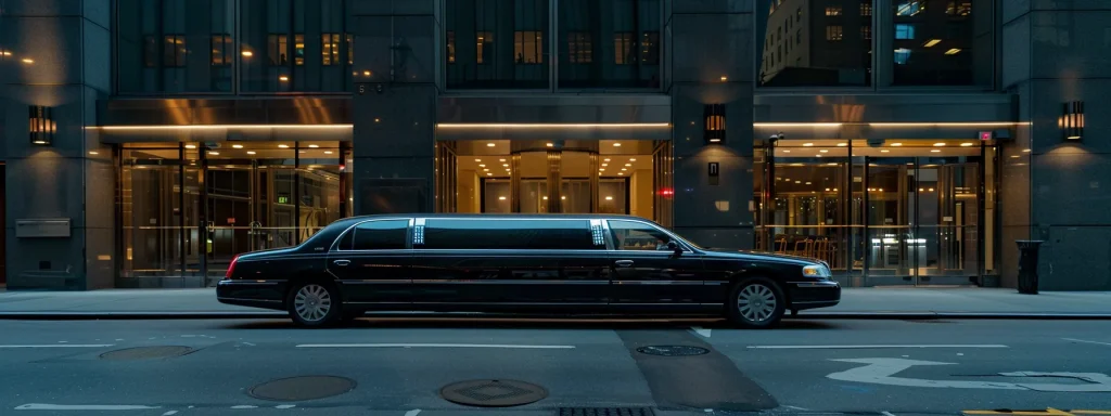 a sleek, black limousine waiting outside a new york city hotel, ready to transport passengers to newark airport in style and luxury.