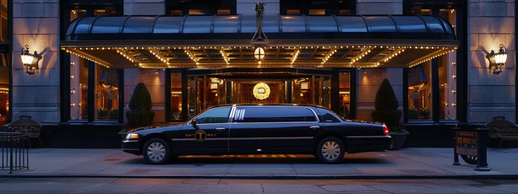 a sleek black limousine parked in front of a luxurious hotel entrance, ready to whisk guests away on an exclusive tour of new york city.