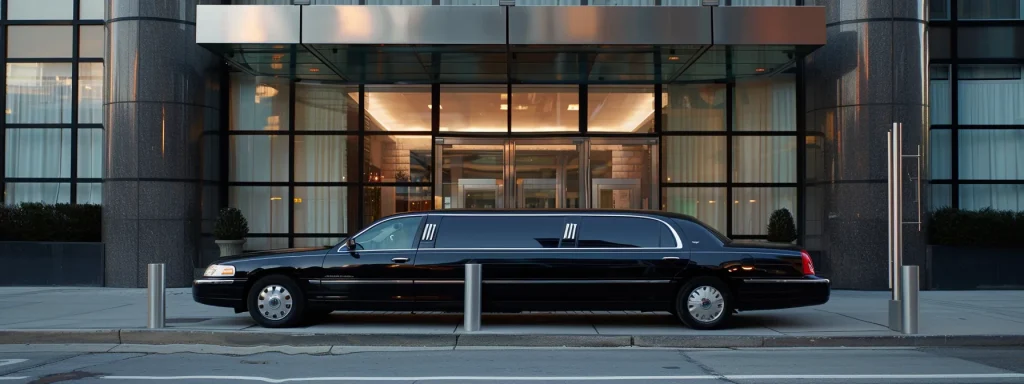 a sleek black limousine waits outside an upscale office building, ready to transport business travelers to the airport in style.