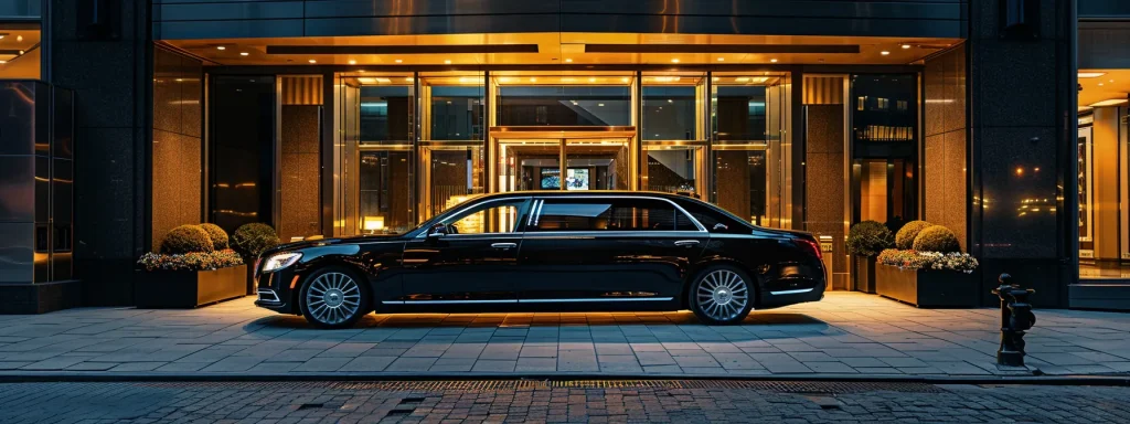 a sleek executive limo parked outside a luxury hotel entrance, ready to transport guests from nyc to jfk airport.