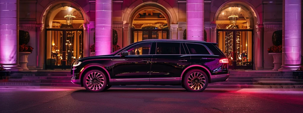 an elegant lincoln mkt luxury suv limo parked outside a grand event venue, exuding style and sophistication.